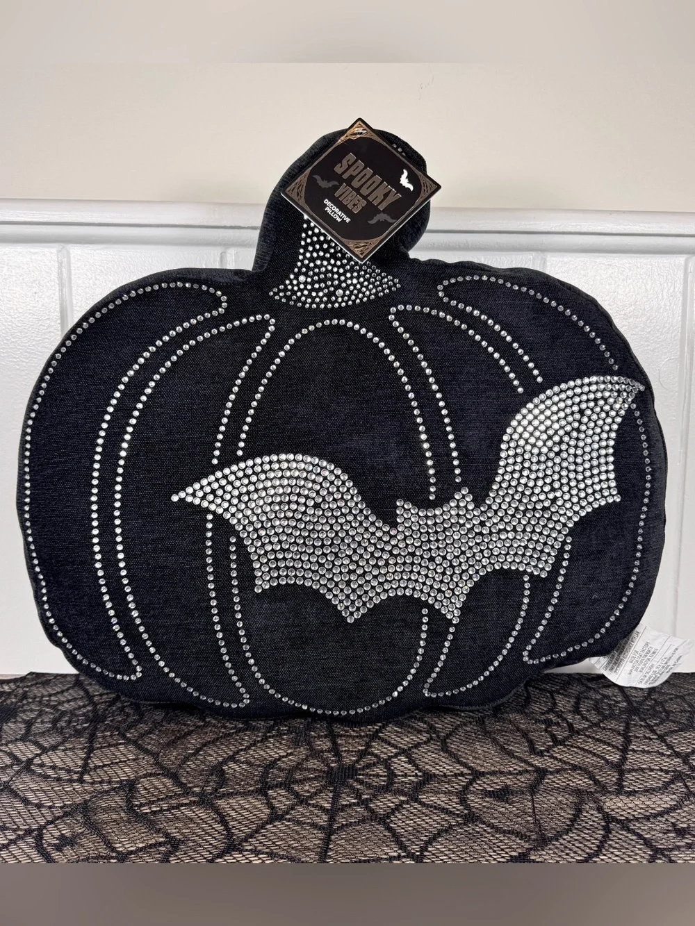 NEW Spooky Vibes Rhinestone Bat and Pumpkin Halloween Pillow